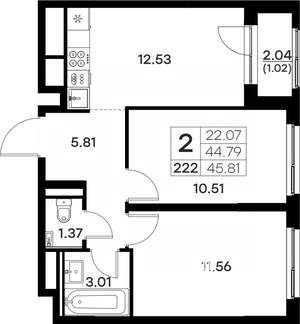 2-к квартира, вторичка, 46м2, 4/17 этаж