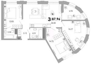 3-к квартира, вторичка, 88м2, 7/17 этаж