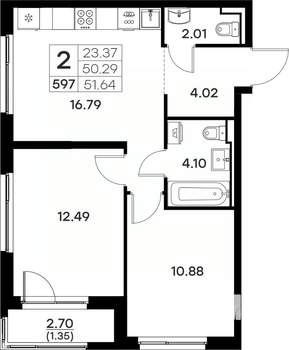 2-к квартира, вторичка, 52м2, 2/17 этаж