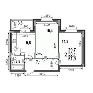 2-к квартира, строящийся дом, 52м2, 2/17 этаж