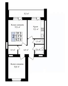 2-к квартира, вторичка, 63м2, 12/14 этаж