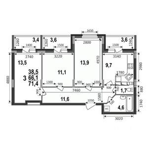 3-к квартира, строящийся дом, 71м2, 16/17 этаж