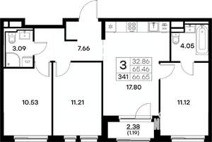 3-к квартира, вторичка, 67м2, 2/17 этаж