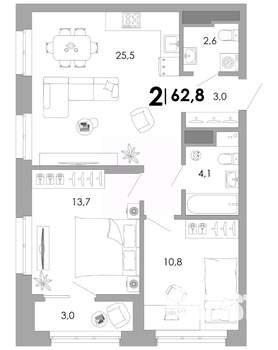 2-к квартира, вторичка, 63м2, 9/17 этаж