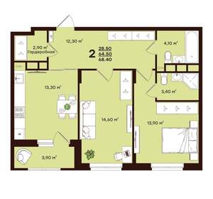 2-к квартира, вторичка, 68м2, 12/17 этаж