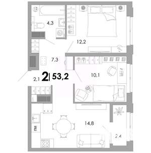 2-к квартира, вторичка, 53м2, 12/16 этаж