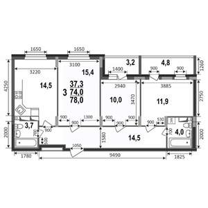 3-к квартира, строящийся дом, 78м2, 9/17 этаж