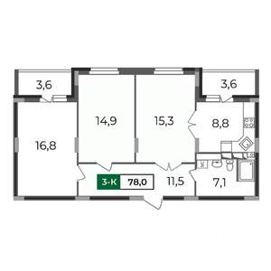 3-к квартира, строящийся дом, 78м2, 7/17 этаж