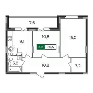 2-к квартира, строящийся дом, 57м2, 7/17 этаж