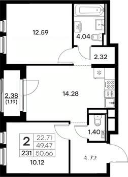 2-к квартира, вторичка, 51м2, 4/17 этаж