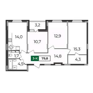 3-к квартира, строящийся дом, 80м2, 9/17 этаж