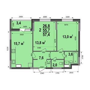 2-к квартира, строящийся дом, 57м2, 15/17 этаж
