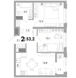 2-к квартира, вторичка, 53м2, 10/16 этаж