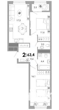 2-к квартира, вторичка, 63м2, 10/17 этаж