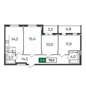 3-к квартира, строящийся дом, 78м2, 14/17 этаж