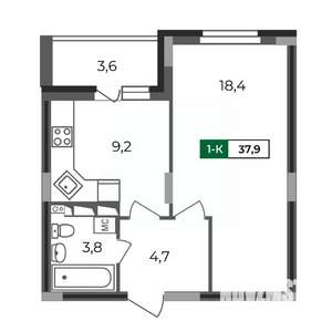 1-к квартира, строящийся дом, 38м2, 2/17 этаж