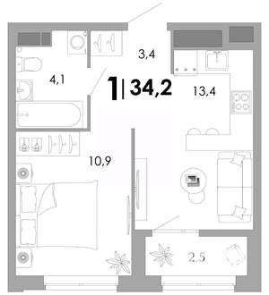 1-к квартира, строящийся дом, 34м2, 4/17 этаж