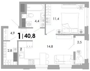 1-к квартира, вторичка, 41м2, 3/16 этаж