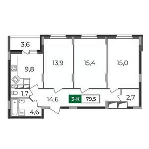 3-к квартира, строящийся дом, 80м2, 6/17 этаж
