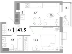 1-к квартира, вторичка, 42м2, 7/16 этаж