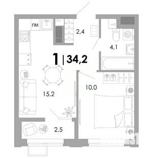 1-к квартира, вторичка, 34м2, 2/16 этаж