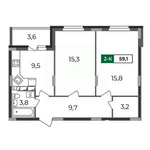 2-к квартира, строящийся дом, 59м2, 13/17 этаж