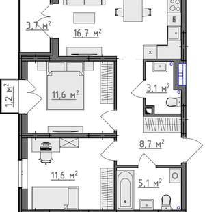 2-к квартира, вторичка, 59м2, 1/9 этаж