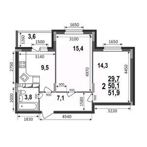2-к квартира, строящийся дом, 52м2, 13/17 этаж