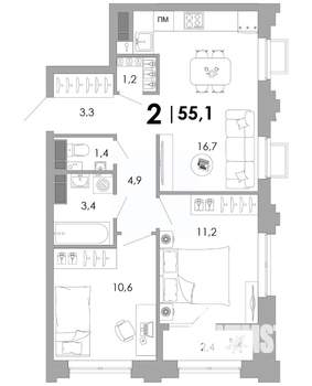 2-к квартира, строящийся дом, 55м2, 10/16 этаж
