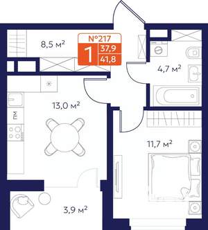 1-к квартира, вторичка, 40м2, 7/9 этаж