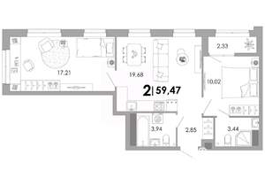 2-к квартира, вторичка, 59м2, 6/17 этаж