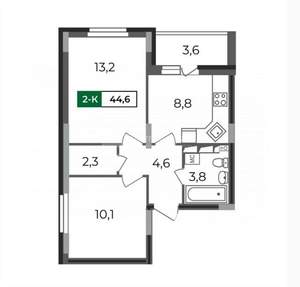 2-к квартира, строящийся дом, 45м2, 15/17 этаж
