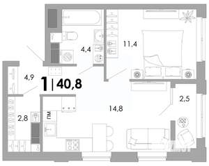 1-к квартира, строящийся дом, 41м2, 7/16 этаж