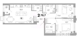 2-к квартира, вторичка, 71м2, 2/16 этаж
