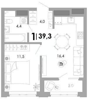 1-к квартира, вторичка, 39м2, 16/17 этаж
