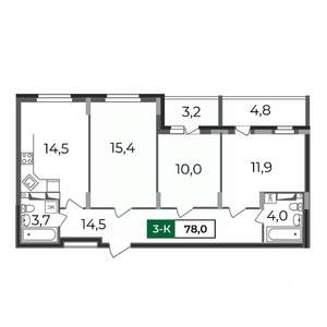3-к квартира, строящийся дом, 78м2, 4/17 этаж