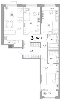 3-к квартира, вторичка, 88м2, 2/16 этаж