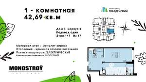 1-к квартира, вторичка, 43м2, 12/17 этаж