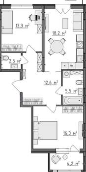 2-к квартира, вторичка, 73м2, 1/9 этаж