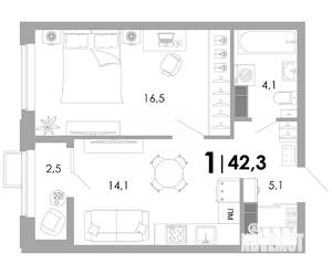 1-к квартира, вторичка, 42м2, 10/16 этаж