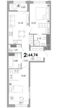 2-к квартира, вторичка, 65м2, 16/17 этаж
