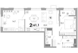 2-к квартира, вторичка, 61м2, 6/16 этаж