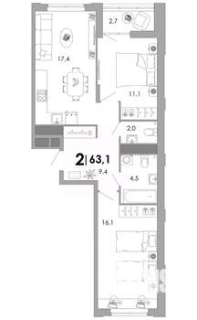 2-к квартира, вторичка, 63м2, 8/17 этаж