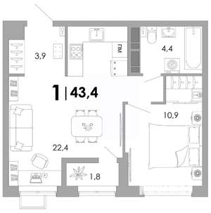 1-к квартира, вторичка, 43м2, 7/16 этаж