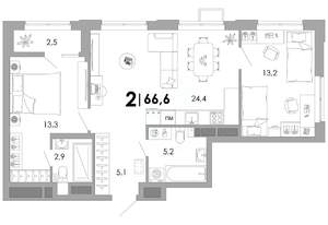 2-к квартира, вторичка, 67м2, 14/16 этаж