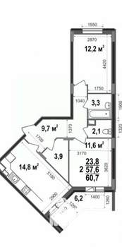 2-к квартира, сданный дом, 61м2, 12/17 этаж