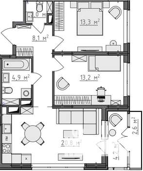 2-к квартира, вторичка, 65м2, 5/9 этаж