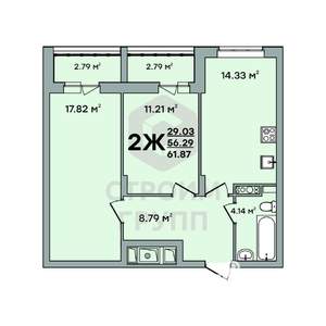 2-к квартира, вторичка, 62м2, 7/8 этаж