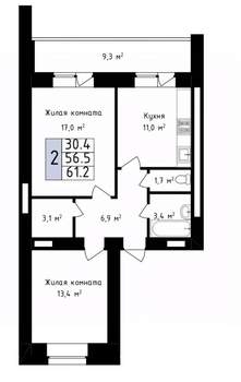 2-к квартира, вторичка, 61м2, 1/14 этаж