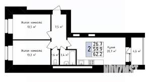 2-к квартира, вторичка, 62м2, 1/14 этаж